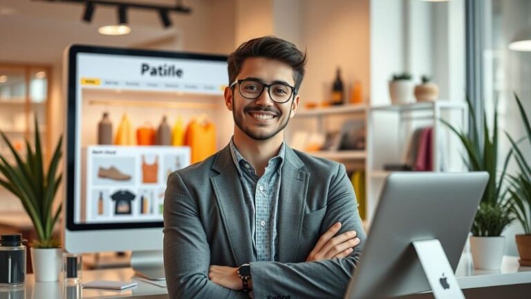 Jovem empreendedor criando uma loja online lucrativa usando uma plataforma de e-commerce.