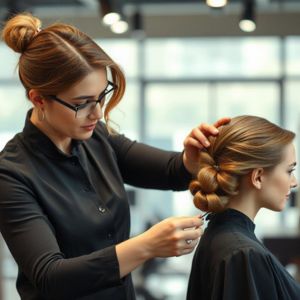 Estilista realizando um penteado moderno, ilustrando o potencial lucrativo dos cursos de penteados e styling online.