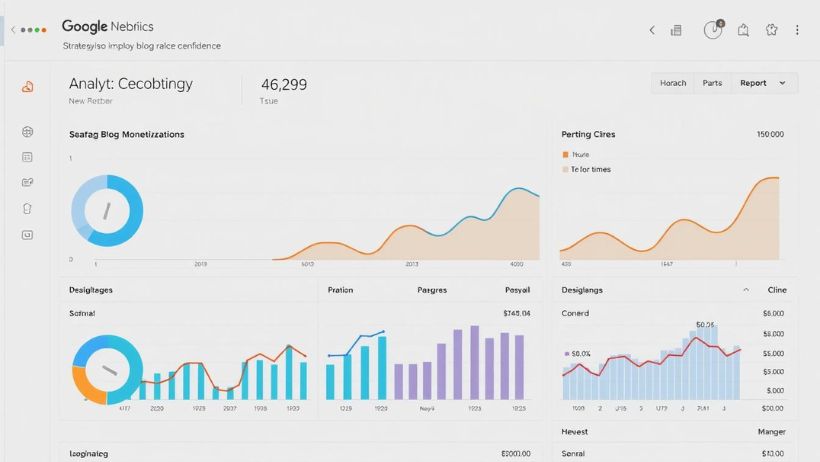 Dashboard de Google Analytics mostrando aumento no tráfego e receita de um blog.