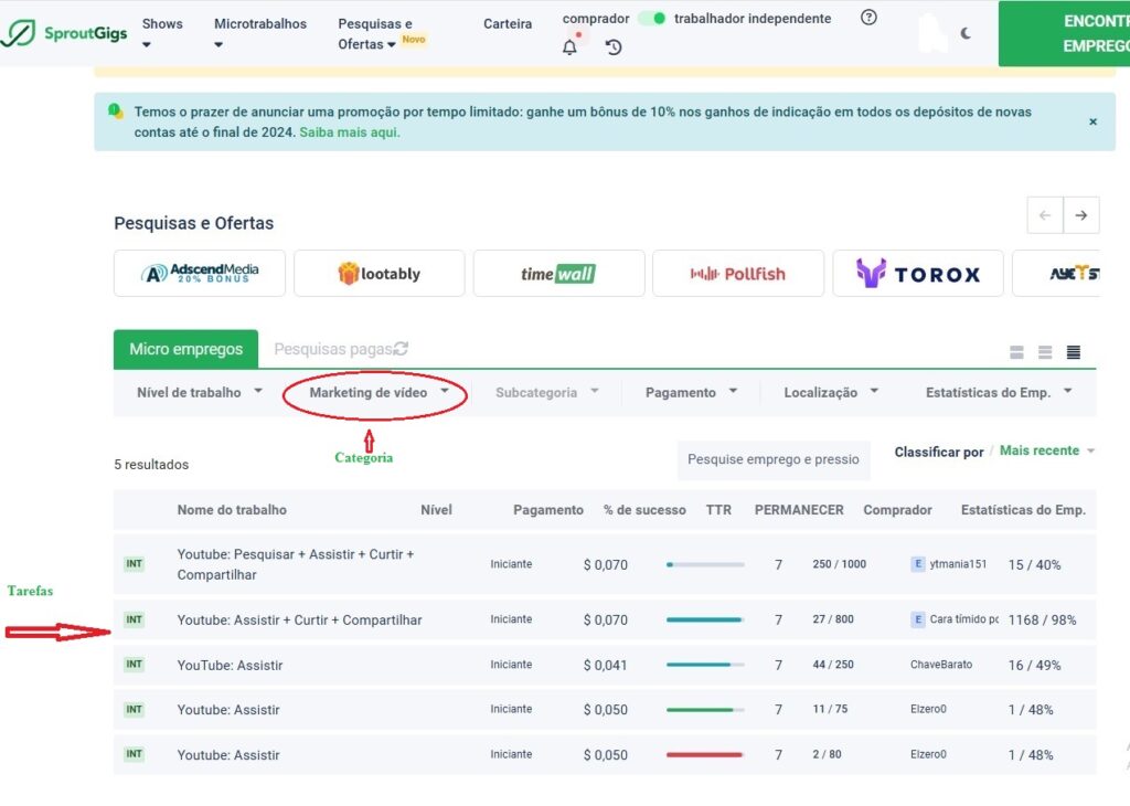 Captura de tela da seção de tarefas de Video Marketing no Sproutgigs.com mostrando diferentes tipos de tarefas relacionadas ao YouTube.