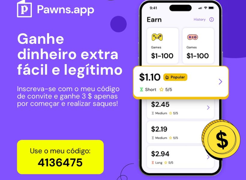 Interface do Pawns.app mostrando opções de jogos e ganhos.