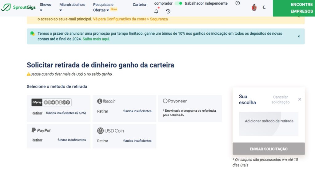 Interface do app Sproutgigs exibindo opções de transferência de dinheiro para Angola.