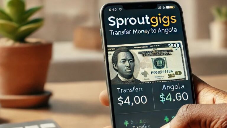 Pessoa utilizando o app Sproutgigs para transferência de dinheiro para Angola.