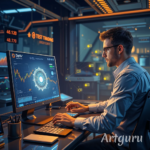 Trader utilizando a Deriv com placa tecnológica que simboliza ganhos automáticos.